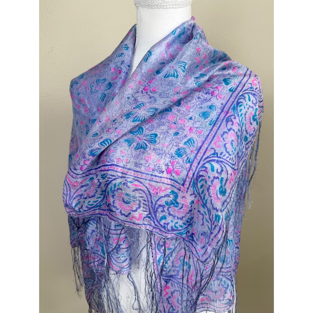 Boho Fairy Grunge Romantic 100 Silk Scarf Shawl Floral Fringe 40" Blue Pink Wrap
